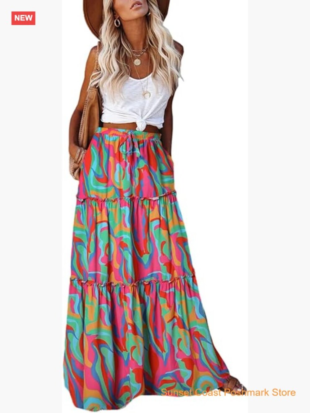 Boho Maxi Skirt High Waist Flowy Long Skirt with Pockets Beach Vacation